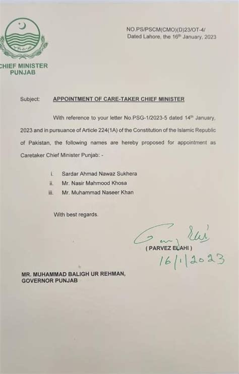 Parvez Elahi Sends Three Names To Punjab Governor For Caretaker Cm