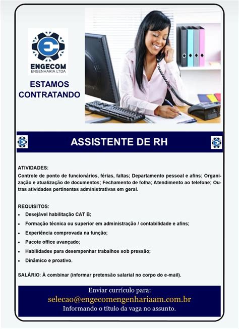 Engecom abre seleção para vaga Assistente de RH EMPREGABILIDADE