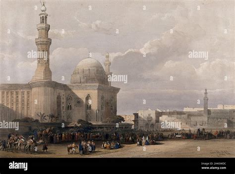 Crowds Outside The Mosque Of Sultan Hassan Egypt Coloured Lithograph