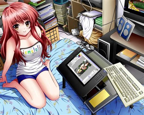 Workspace Female Book Technology Laptop Sexy Cute Girl Anime