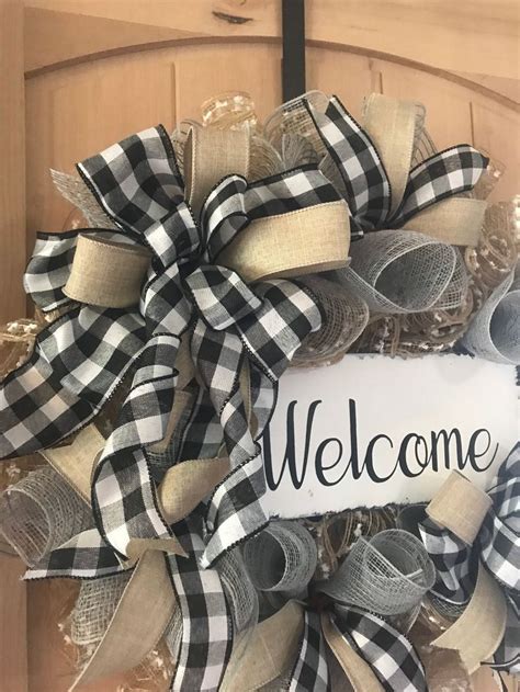 Welcome Wreath With Gray Buffalo And Natural Jute Mesh And Ribbon