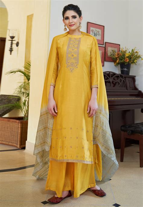 Yellow Cotton Palazzo Suit 177309 Dresses For Work Dress Materials