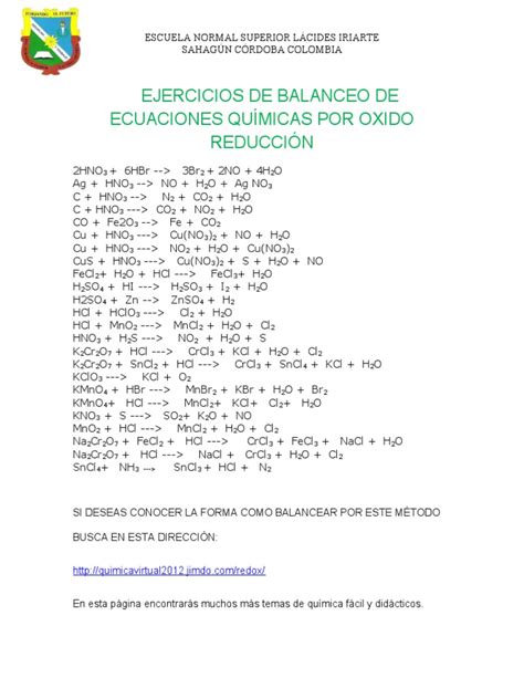 Ejercicios De Balanceo De Ecuaciones Qu Micas Por Oxido Reducci N