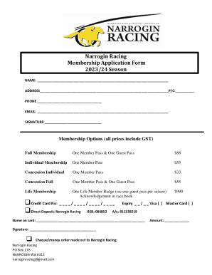 Fillable Online Narrogin Racing Membership Application Form