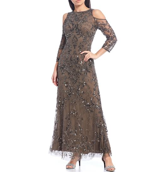 Pisarro Nights Beaded Sequin Embroidered Cocktail Dress Long Sleeve Tan