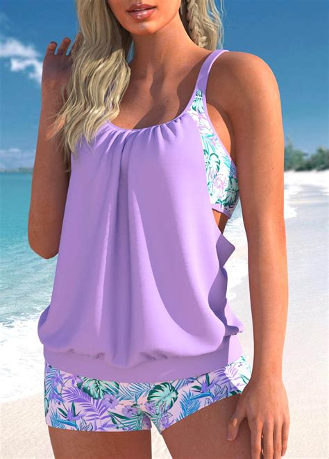 Plus Size Floral Print Light Purple Tankini Set