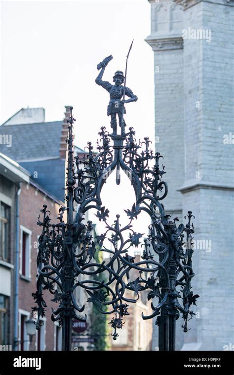 Wrought iron statue of Brabo with hand of giant Antigonus, Antwerp ...