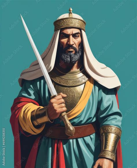 Flat Pop Art Style Portrait Of Saladin With Scimitar On Modern Abstract