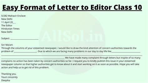 Easy Format Of Letter To Editor Class 10