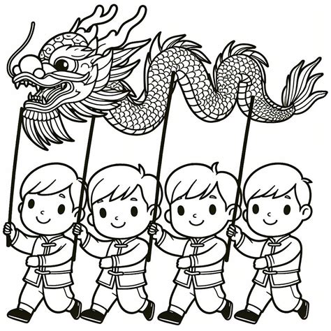 Boys Running with Chinese Lunar New Year Dragon 🏃‍♂️🏃‍♂️🐉 Coloring Page