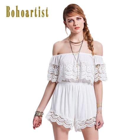 Bohoartist Women Lace Playsuit Solid White Lace Trim Off Shoulder Slash