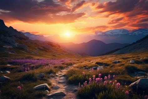 Sunset in the mountains with pink flowers in the foreground. Beautiful ...