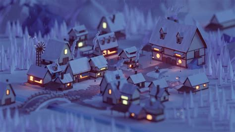 Low Poly Winter Village 2560×1440 Gogambar