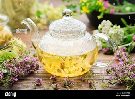 Glass tea kettle of healthy herbal tea, thyme, linden blossom, St Johns wort, yarrow, chamomile ...