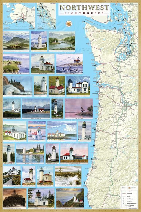 Pacific Northwest Lighthouses Illustrated Map Poster. Oregon ...