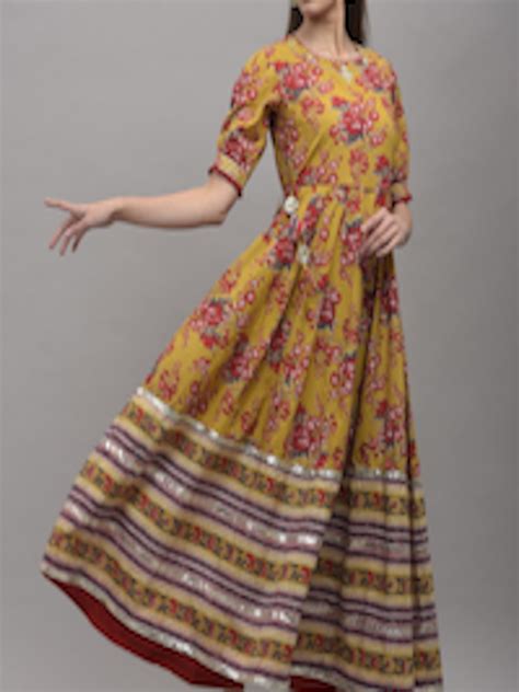 Buy Kalini Women Mustard Yellow Floral Printed Anarkali Kurta Kurtas