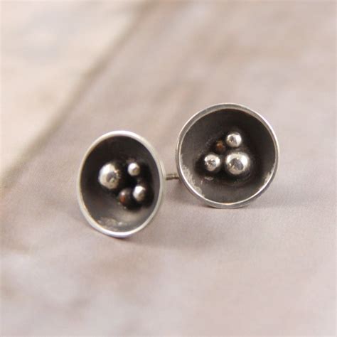 Silver Oxidized Stud Earrings Granulation Dome Earrings Etsy