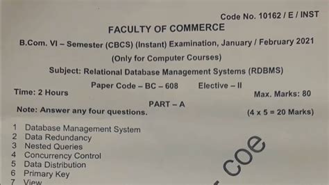 Bcom 6th Sem 2021 Rdbms Question Paper Osmania University Youtube