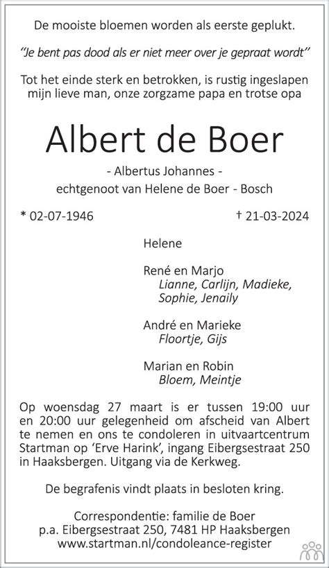 Albert Albertus Johannes De Boer 21 03 2024 Overlijdensbericht En