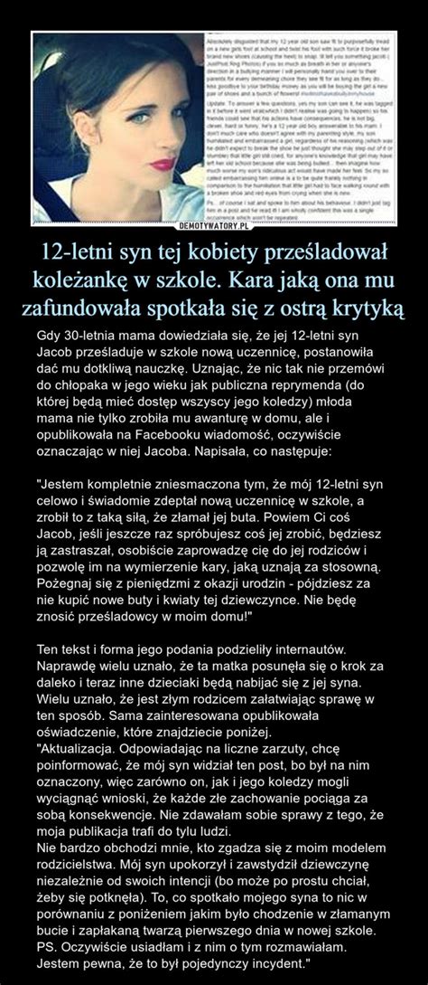 12 letni syn tej kobiety prześladował koleżankę w szkole Kara jaką ona