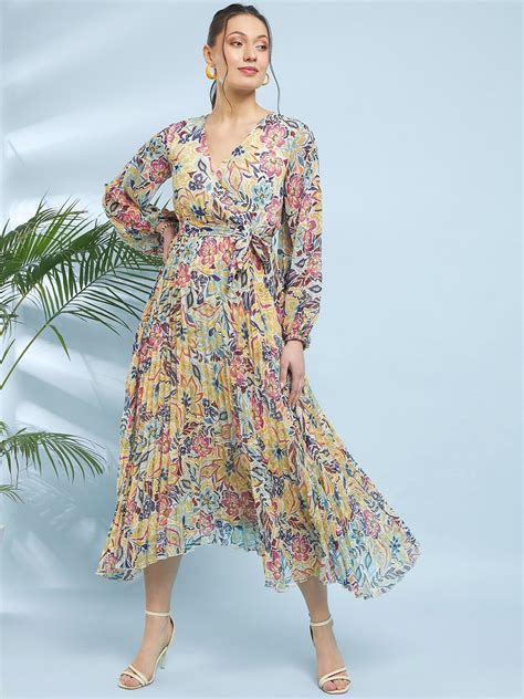 Buy Antheaa Off White Floral Printed V Neck Puff Sleeves Fit And Flare