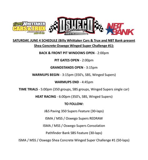 Oswego Speedway on Twitter: "Full time schedule for the first Shea ...