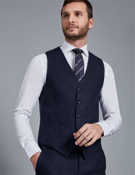 Men S Navy Linen Herringbone Tailored Fit Italian Waistcoat