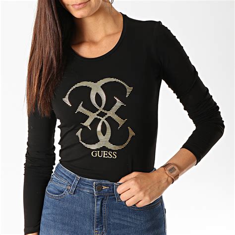 Guess Tee Shirt Manches Longues Femme W94i95 J1300 Noir Doré