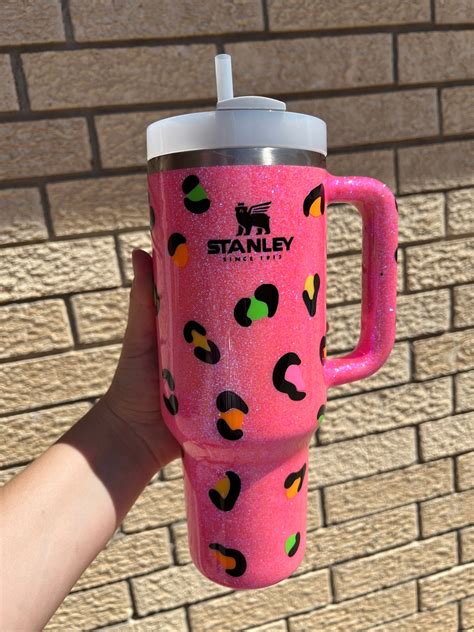 Customized Pink Neon Leopard Glitter Stanley Tumbler Personalized