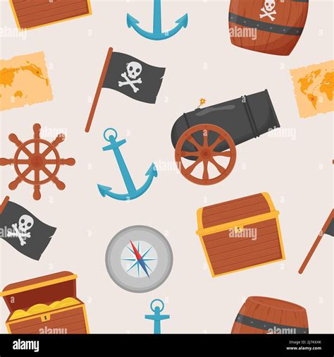 Bundle Pirate Seamless Pattern Bundle Pirate Treasure Map Rum Ship Wheel Anchor Barrel Bomb