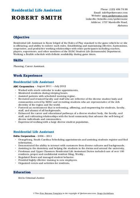 Residential Life Assistant Resume Samples Qwikresume