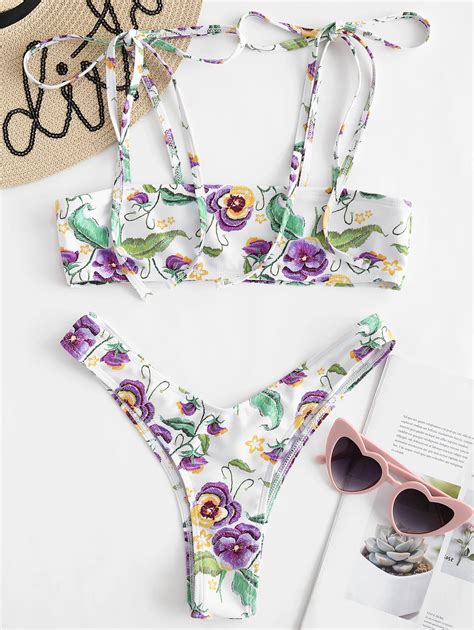 ZAFUL Flower Cami High Leg Bikini Set Women Summer Sexy Two Pieces