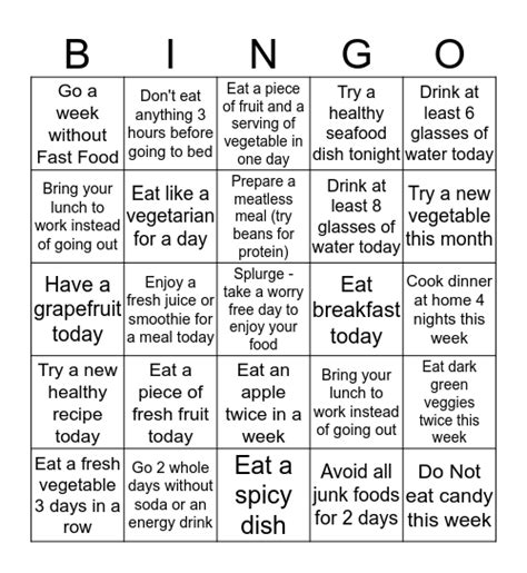 Healthy Eating Bingo Card