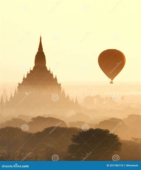 Scenic View of a Balloon Flying at the Old Bagan Temples of Myanmar