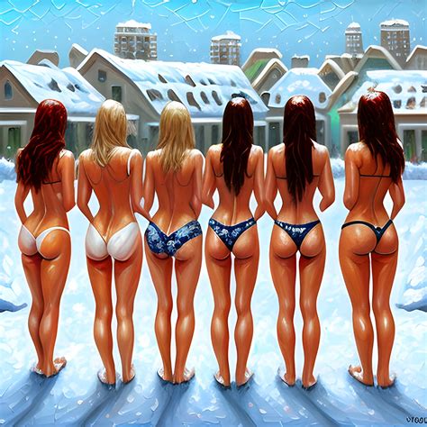 Group Of Bikini Women From Back In Snow City Oil Painting Arthub Ai