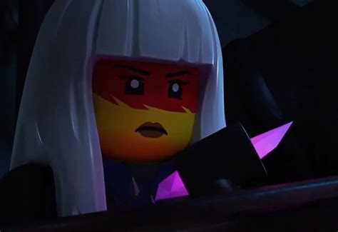 a lego character with long white hair and red eyes in a dark room ...