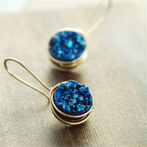 Sapphire Blue Druzy Crystal Earrings 14k Gold Fill Druzy Etsy