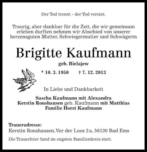 Traueranzeigen Von Brigitte Kaufmann Rz Trauer De