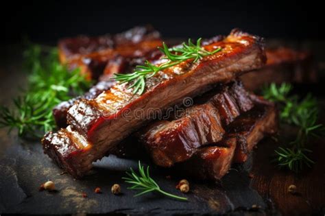 Close Up Of Succulent Roasted Sliced Barbecue Pork Ribs With Tender And