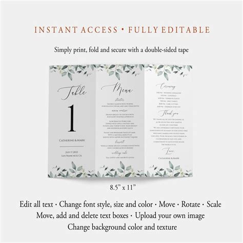 Eucalyptus Tri Fold Table Number Template Editable Tri Fold Etsy