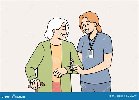 Caregiver Help Elderly Woman With Walking Stock Vector Illustration