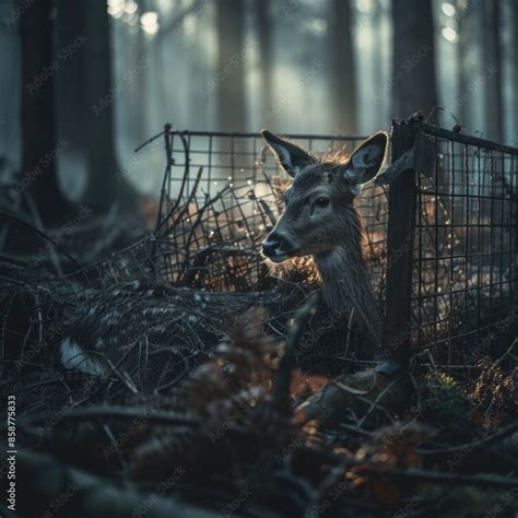 Trapped Deer In A Misty Forest Symbolizing Vulnerability And