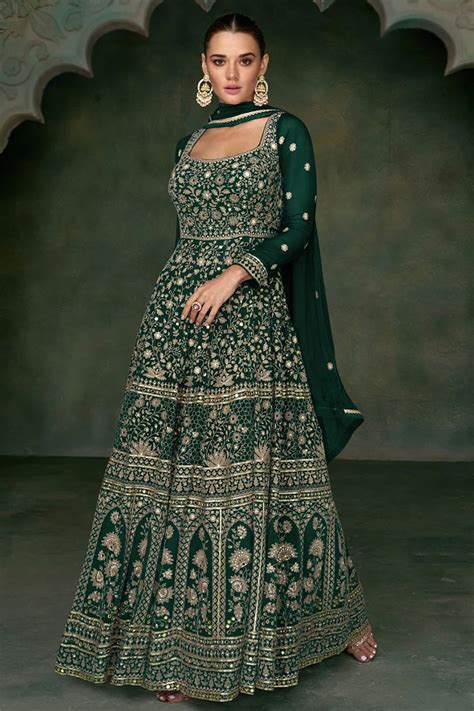 Dark Green Georgette Embroidered Anarkali Suit For Mehndi Lstv