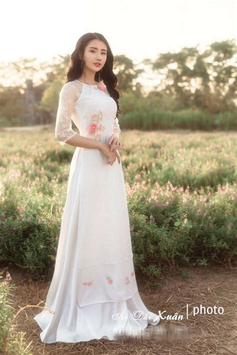 White Flower Lace Handmade Ao Dai Authentic Traditional Vietnamese