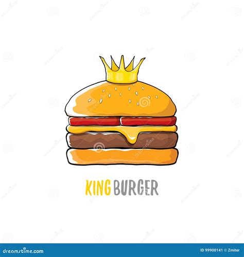 Vector Cartoon Royal King Burger With Cheese And Golden Crown Icon