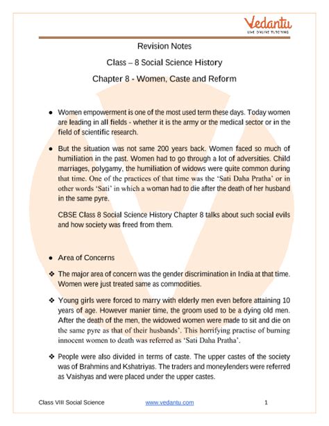 Women Caste And Reform Class Notes Cbse History Chapter Pdf