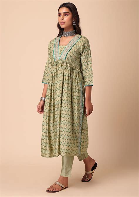 Buy Women Light Green Foil Print Muslin Kurta With Pants And Dupatta