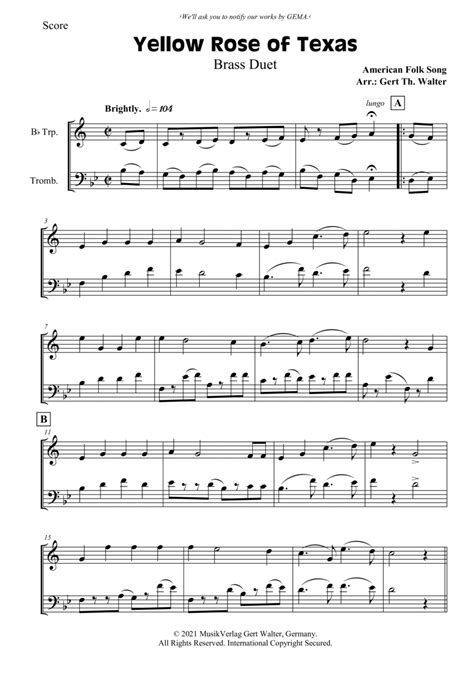 Yellow Rose Of Texas Sheet Music American Folk Song Instrumental Duet