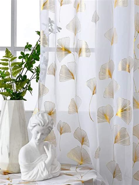 Metallic Ginkgo Biloba Pattern Single Panel Sheer Curtain Shein Asia