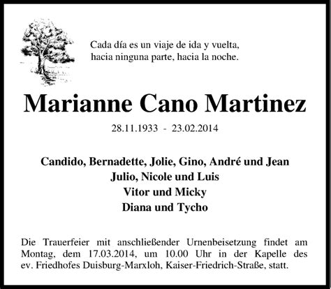 Traueranzeigen Von Marianne Cano Martinez Trauer In Nrw De